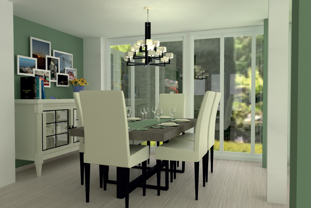 render con materiali di una sala da pranzo arredata